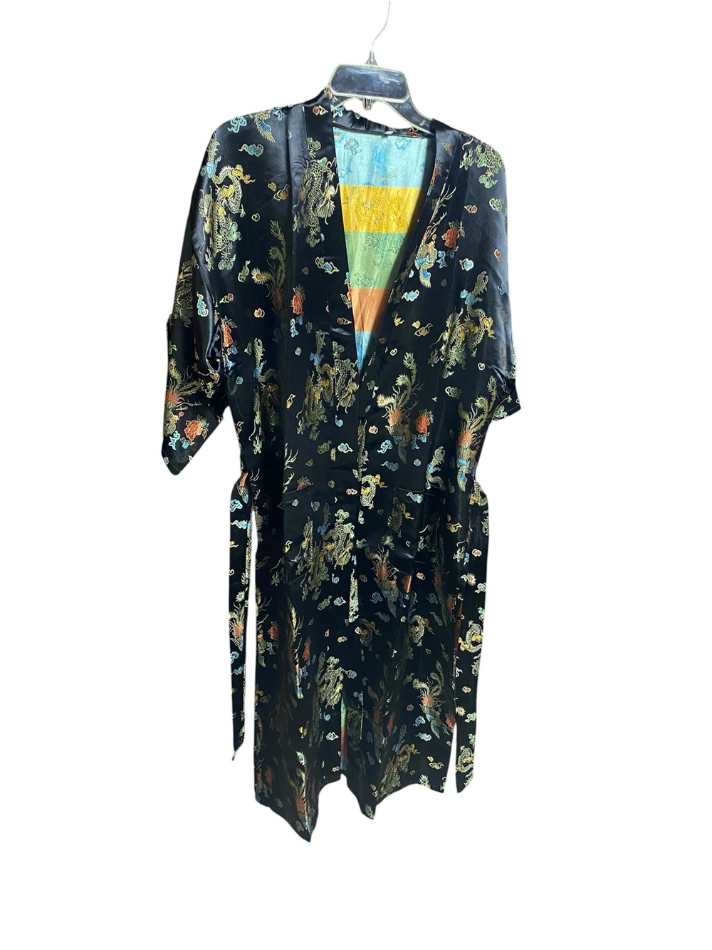 Black Gold satin kimono robe traditional Asian dragon embroidery Boho Whimsical - Picture 10 of 14
